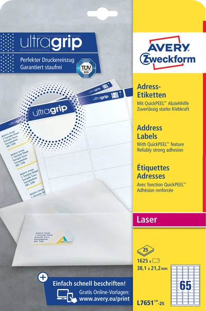 Etiket Avery L7651-25 38.1x21.2mm wit 1625 stuks