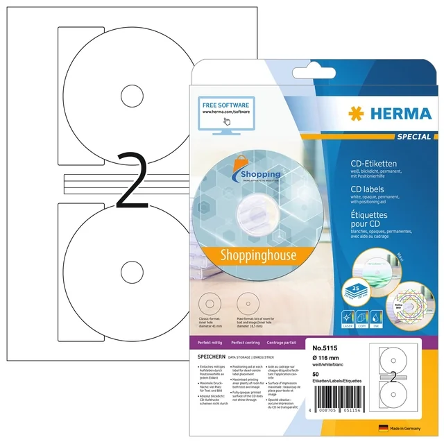 Etiket HERMA 5115 CD 116mm wit 50  stuks
