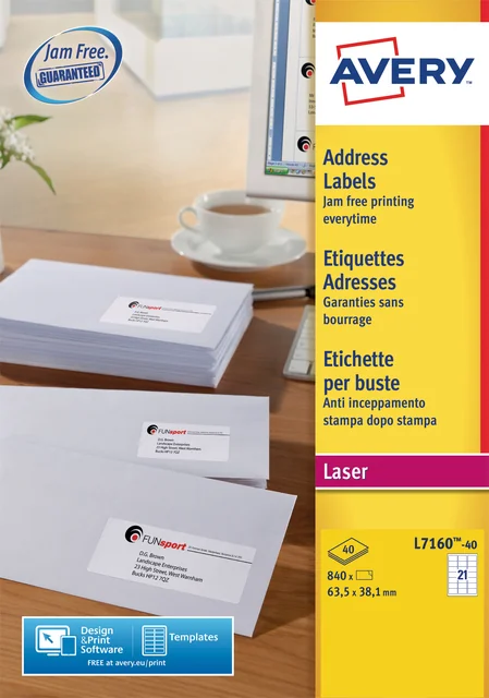 Etiket Avery L7160-40 63.5x38.1mm wit 840 stuks