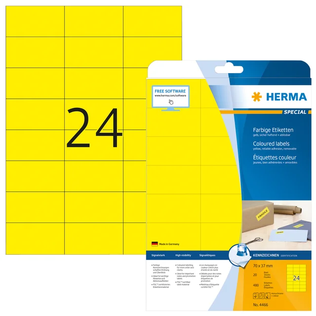Etiket HERMA 4466 70x37mm verwijderbaar geel 480 stuks