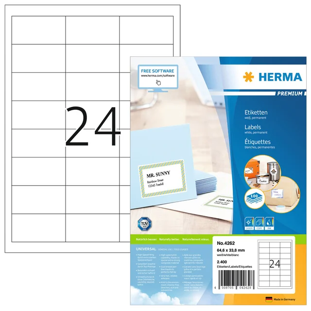Etiket HERMA 4262 64.6x33.8mm premium wit 2400 stuks