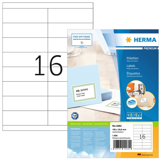 Etiket HERMA 4264 105x33.8mm premium wit 1600 stuks