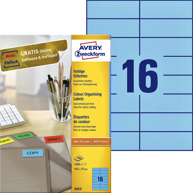 Etiket Avery 3453 105x37mm blauw 1600 stuks