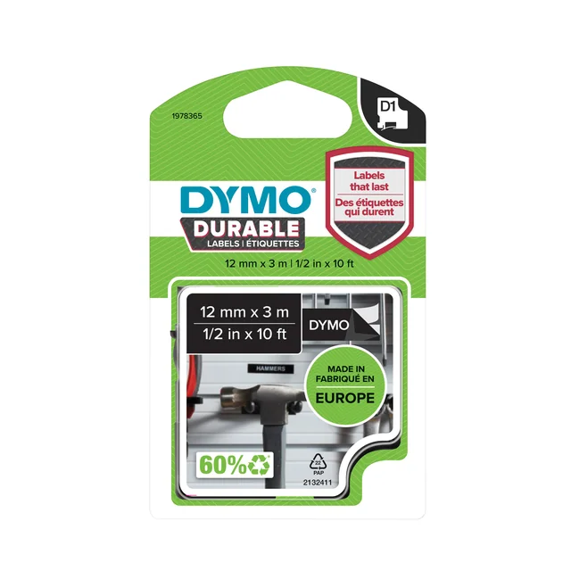 Labeltape Dymo LabelManager D1 polyester 12mm wit op zwart