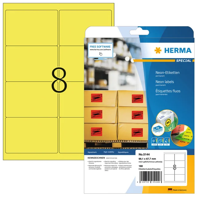 Etiket HERMA 5144 99.1x67.7mm neongeel 160 stuks