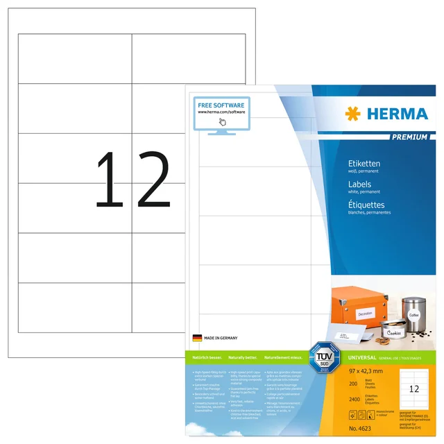 Etiket HERMA 4623 96.5x42.3mm premium wit 2400 stuks