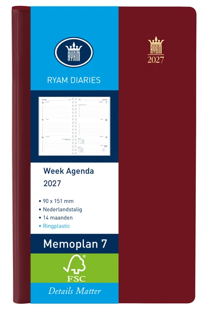 Agenda 2027 Ryam Memoplan 7 Suprema ringplasic 7dagen/2pagina's bordeaux