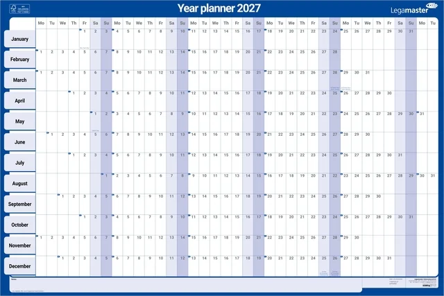 Jaarplanner 2027 Legamaster 90x60cm horizontaal gelamineerd en oprolbaar Engelstalig