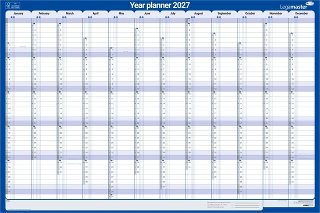 Jaarplanner 2027 Legamaster 1 persoon 90x60cm horizontaal gelamineerd Engelstalig