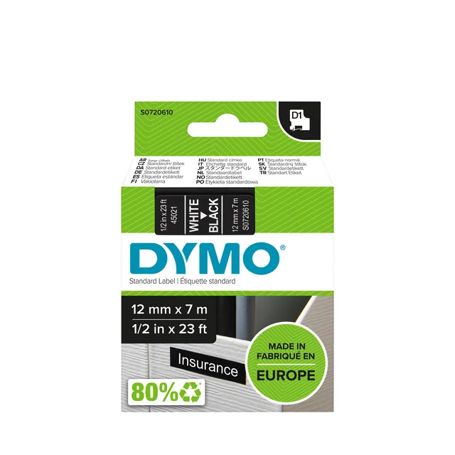 Labeltape Dymo LabelManager D1 polyester 12mmx7m wit op zwart