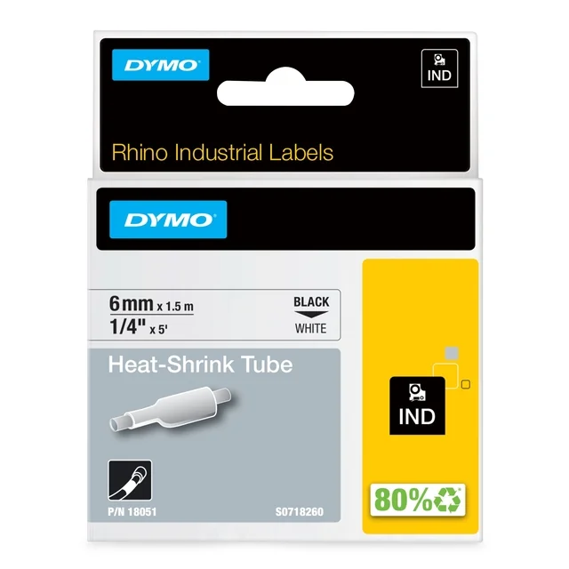 Labeltape Dymo Rhino industrieel krimpkous 6mm zwart op wit