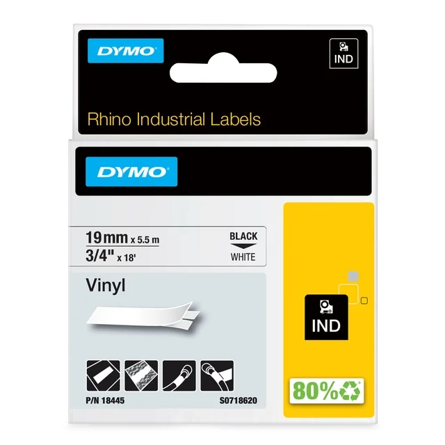 Labeltape Dymo Rhino industrieel vinyl 19mm zwart op wit